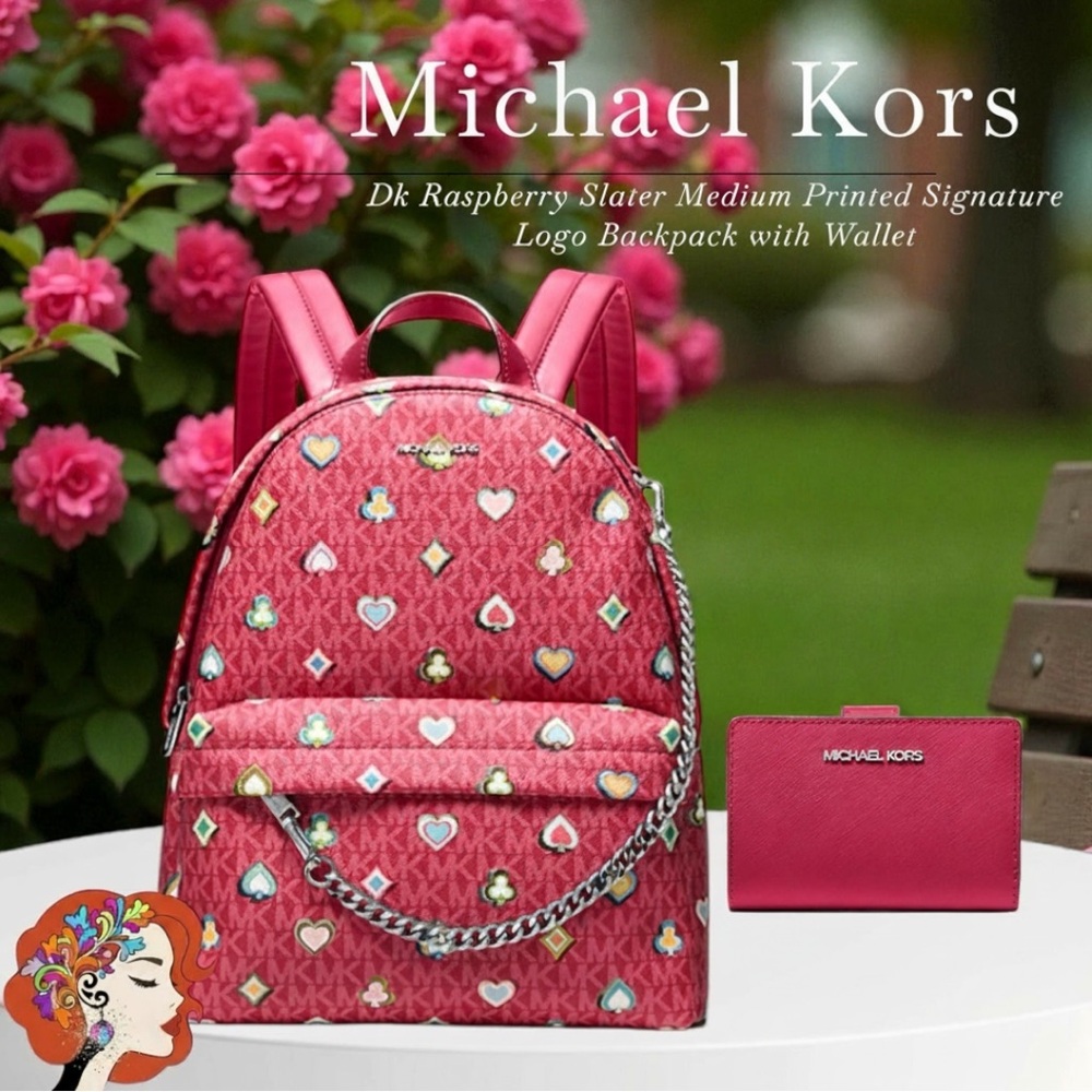 HP Michael Kors Raspberry Heart Print Backpack and Wallet Set NWT